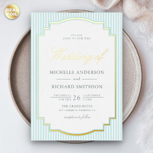Invitation En Aluminium Bleu Pastel Classique Rayé Photo Mariage Or