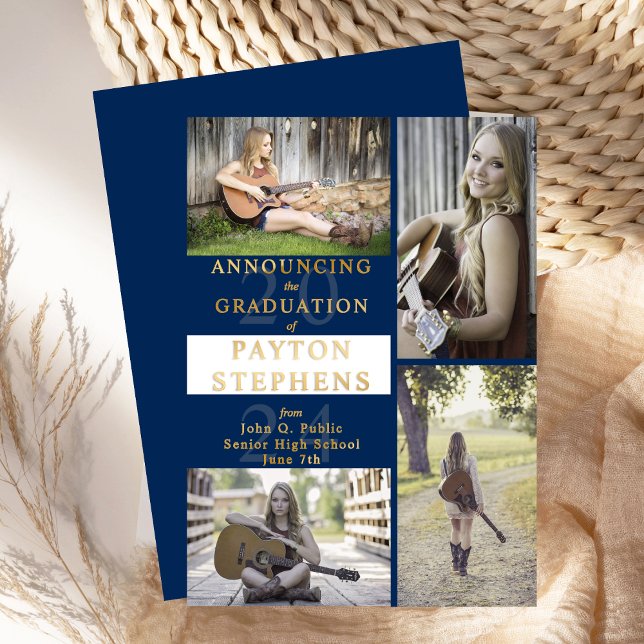 Invitation En Aluminium Bleu photo moderne classique | White Graduation Go (Elegant Classy Modern Photo Blue White Graduation Gold Foil Announcement)