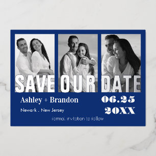 Invitation En Aluminium Bleu photo triple, Blanc, VRAI