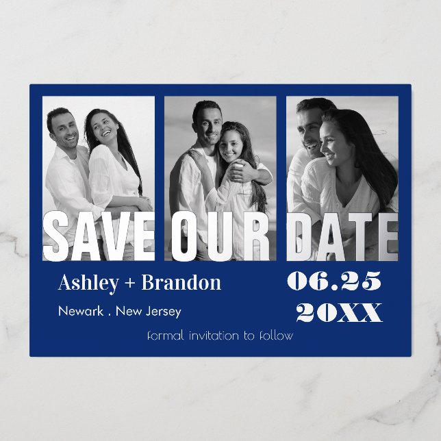 Invitation En Aluminium Bleu photo triple, Blanc, VRAI (Recto)