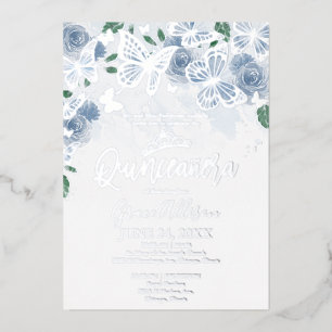 Invitation En Aluminium Bleu Poussiéreux Floral Quinceanera Papillon Argen