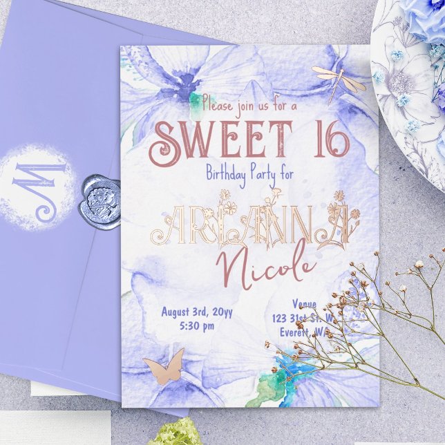 Invitation En Aluminium Bleu, Rose Gold Sweet 16 lettres de fleurs sauvage (dusty blue, sky blue, rose gold botanical lettering sweet sixteen birthday part invitation)