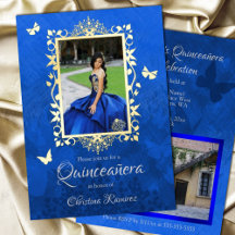 Bleu royal élégant, Papillons d'or Quinceanera
