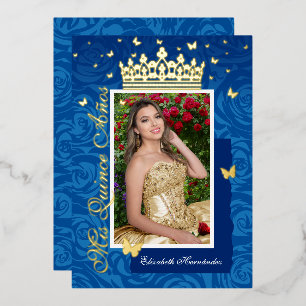 Invitation En Aluminium Bleu Royal Élégant Photo Quinceañera Or