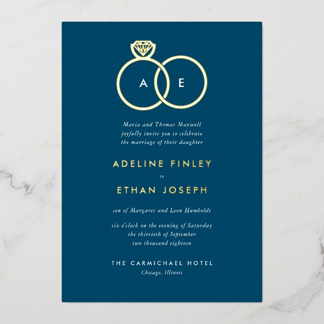 Invitation En Aluminium Bleu Simple Moderne Anneaux Monogramme Mariage (Recto)