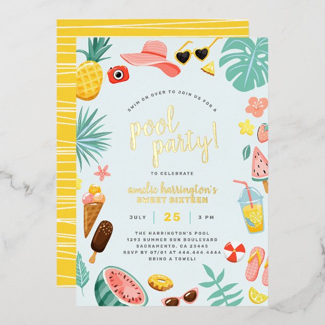 Invitation En Aluminium Bleu | Watermelon Pineappon Tropical Pool Party (Recto/Verso)