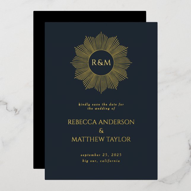 Invitation En Aluminium Blue Boho Celestial Sun Monogramme Date de sauvega (Recto/Verso)