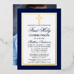 Invitation En Aluminium Blue First Holy Communion Photo Cross Gold