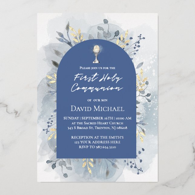 Invitation En Aluminium Blue foliage First Holy Communion (Recto)