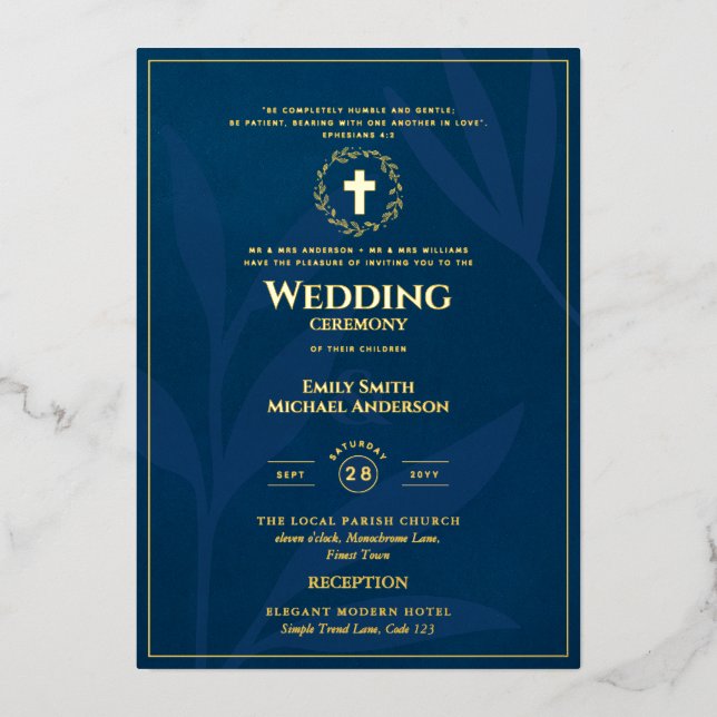 Invitation En Aluminium Blue Gold Catholique Mariage Élégant Formal Modern (Recto)