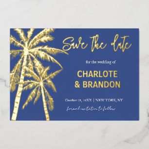 Invitation En Aluminium Blue Gold Palm Trees Beach Mariage Enregistrer La