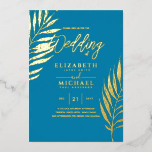Invitation En Aluminium Blue Gold Tropical Leaf Destination Mariage