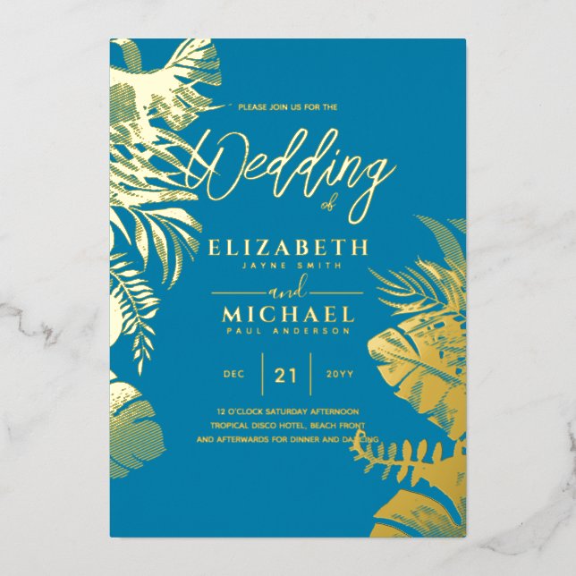 Invitation En Aluminium Blue Gold Tropical Leaf Destination Mariage (Recto)
