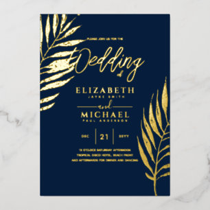 Invitation En Aluminium Blue Gold Tropical Leaf Destination Mariage