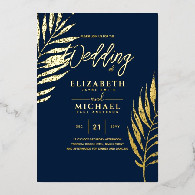 Invitation En Aluminium Blue Gold Tropical Leaf Destination Mariage (Recto)