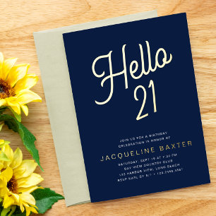Invitation En Aluminium Blue Hello 21 Gold Script 21e fête d'anniversaire
