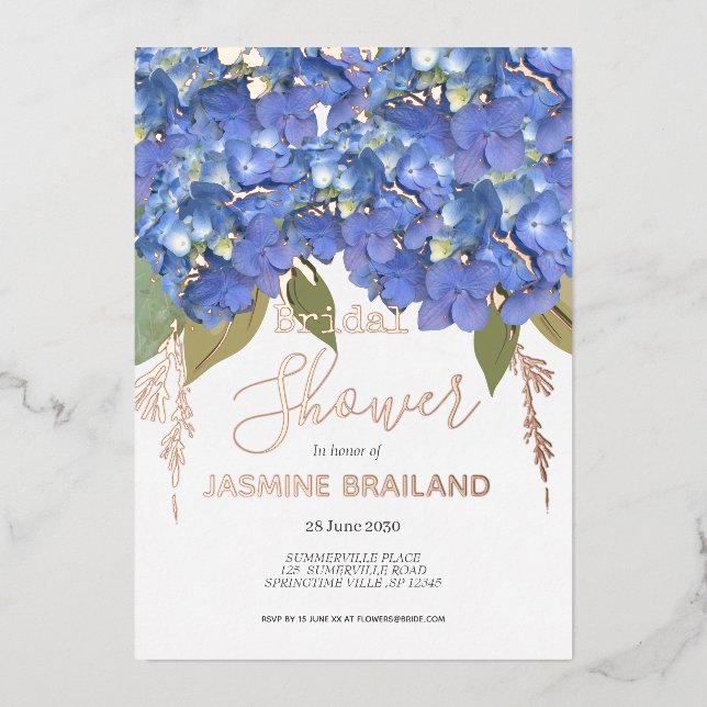 Invitation En Aluminium Blue Hydrangea Blooms Fête des mariées personnalis (Recto)