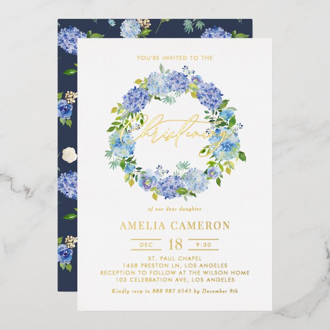 Invitation En Aluminium Blue Hydrangea Fleurs Wreath Christening (Recto/Verso)