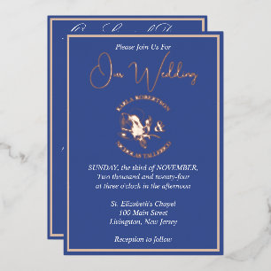 Invitation En Aluminium Blue Modern Floral Mariage Rose or