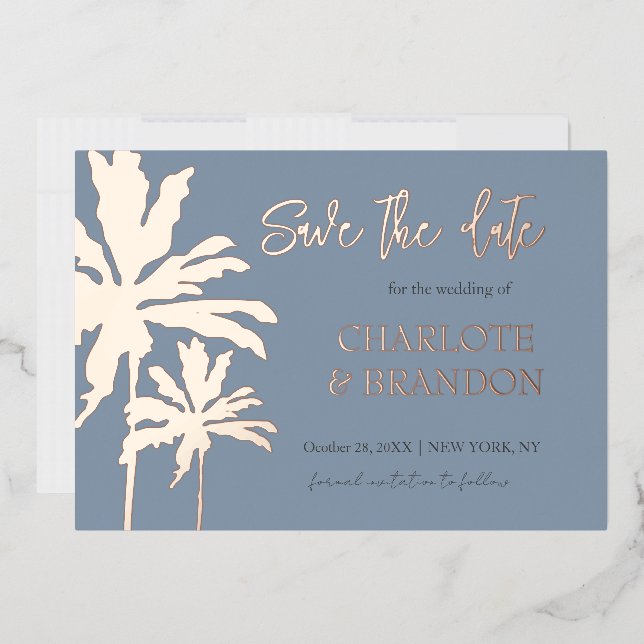 Invitation En Aluminium Blue Palm Trees Beach Wedding Enregistrer La Date  (Enveloppe)