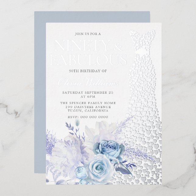 Invitation En Aluminium Blue Rose femmes 90e anniversaire fête Real Argent (Recto/Verso)