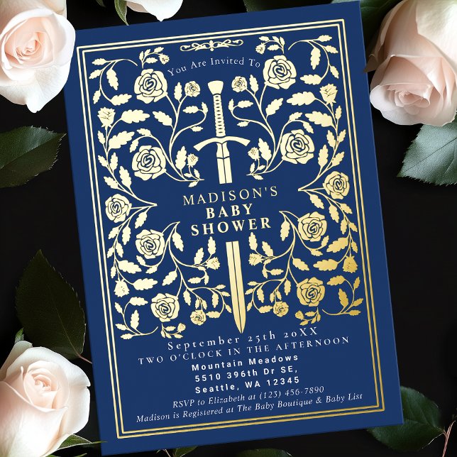 Invitation En Aluminium Blue Royal Médieval Gold Sword Boy Baby shower (Créateur téléchargé)