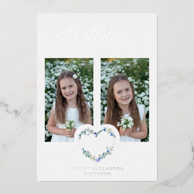 Invitation En Aluminium Blue Shades Birthday Silver 2 Photos Floral Heart (Recto)