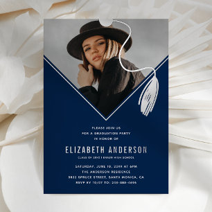 Invitation En Aluminium Blue Silver Tassel Casquette Photo Graduation Part