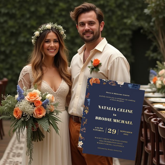 Invitation En Aluminium Blue Terracotta Floral Mariage Gold (Blue Terracotta Floral Wedding Gold Foil Invitation. Models are AI-Gen.)