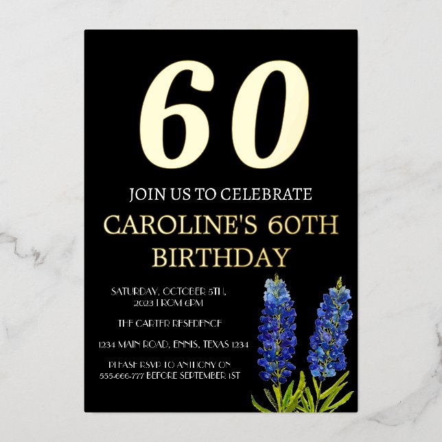 Invitation En Aluminium Bluebonnets 60e anniversaire Blue Gold Chic Glam (Recto)
