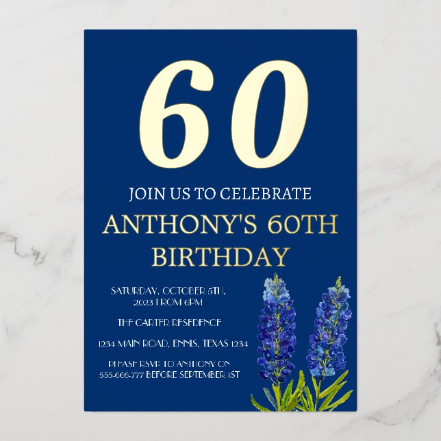 Invitation En Aluminium Bluebonnets 60e anniversaire Blue Gold Foil QR Cod (Recto)