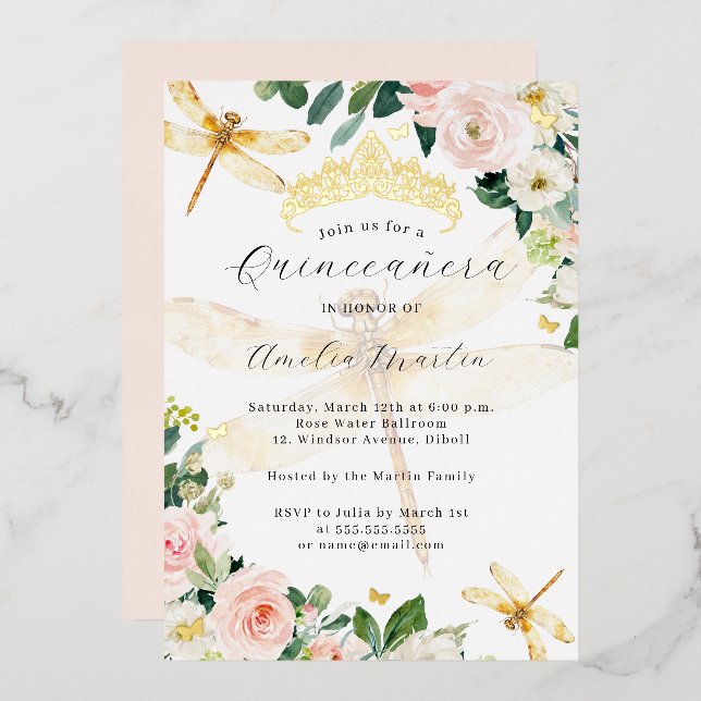Invitation En Aluminium Blush Floral Dragonfly Quinceanera (Recto/Verso)