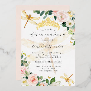 Invitation En Aluminium Blush Floral Gold Libellule Quinceanera