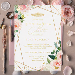 Invitation En Aluminium Blush Géométrique Doré Quinceanera Floral
