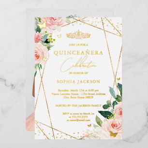 Invitation En Aluminium Blush Géométrique Or Fleurie Photo Quinceanera