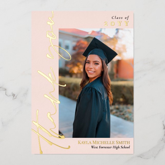 Invitation En Aluminium Blush Gold Calligraphie Photo Graduation Merci (Recto)