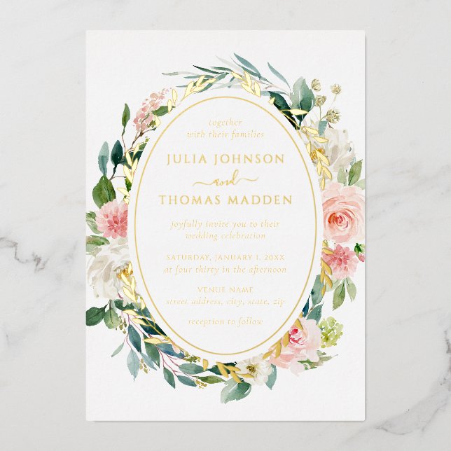 Invitation En Aluminium Blush Gold Floral Folial Mariage (Recto)