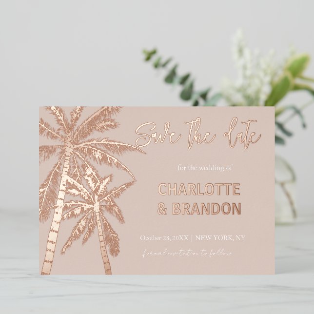 Invitation En Aluminium Blush Gold Palm Trees Beach Mariage Enregistrer La (Debout devant)