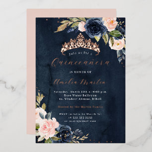 Invitation En Aluminium Blush Navy Aquarelle Rose Gold Quinceanera 