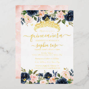 Invitation En Aluminium Blush Navy Floral Papillon Doré Quinceanera