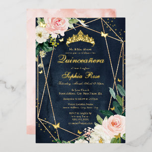 Invitation En Aluminium Blush Or Rose Gold Navy Floral Papillon Robe de Qu