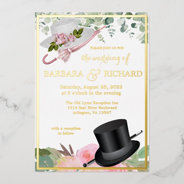 Invitation En Aluminium Blush Pink Vrai Or Foil Mariage Floral (Recto)