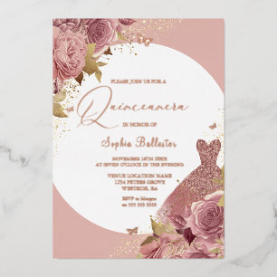 Invitation En Aluminium Blush Quinceanera Fleurs & Robe Rose Gold Script