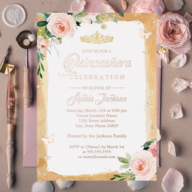 Invitation En Aluminium Blush Quinceanera Floral Sparkle Rose Gold Tiara (Créateur téléchargé)