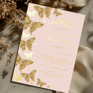 Invitation En Aluminium Blush Rose Doré Élégant Papillon Quinceanera