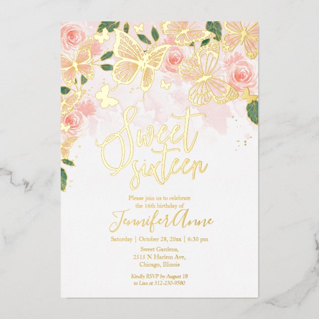 Invitation En Aluminium Blush Rose Floral Sweet 16 Butterfly Gold (Recto)
