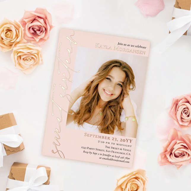 Invitation En Aluminium Blush Rose Gold Calligraphy Photo Sweet 16 (Créateur téléchargé)