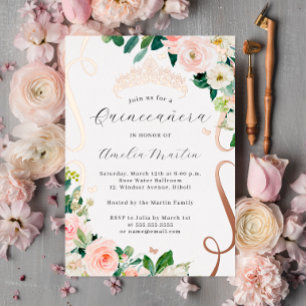 Invitation En Aluminium Blush Rose Gold Fleur Scroll Quinceanera