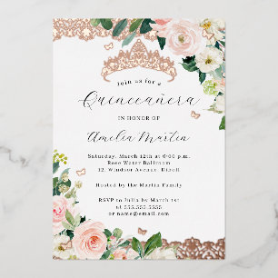 Invitation En Aluminium Blush Rose Gold Floral Lace Quinceanera