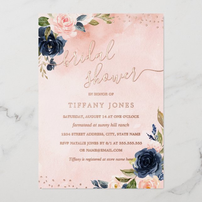 Invitation En Aluminium Blush Rose Gold métallisé Mariage Fleur Navy  (Recto)